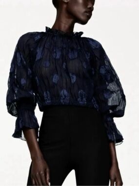 Zara Navy Blue and Black Organza Puff-Sleeve Blouse